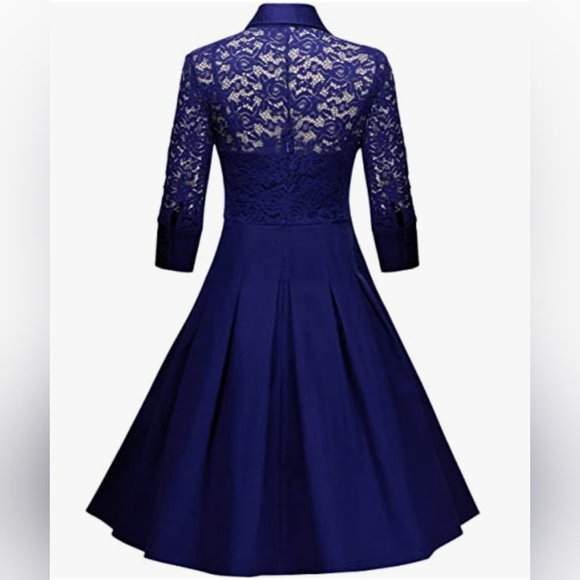 Blue 3/4 Sleeve Flare Vintage Midi Lace Dress - Picture 4 of 5
